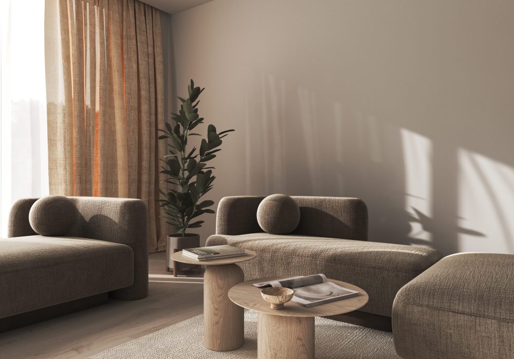 Creative modern minimalist interior living room with sunbeam, orange curtain, books and green tree. 3d rendering mock up. High quality 3d illustration
