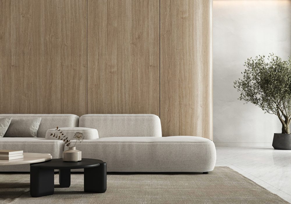 Beige minimal livingroom with large modular sofa, plants and decor - carpet background. Light modern japanese nature view. 3d rendering. High quality 3d illustration
